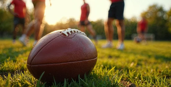 Au premier plan, un ballon de football repose sur un terrain en gazon ; à l'arrière-plan, des joueurs aux maillots rouges, dont les silhouettes sont floues, se tiennent debout sous un soleil couchant aux teintes chaudes.